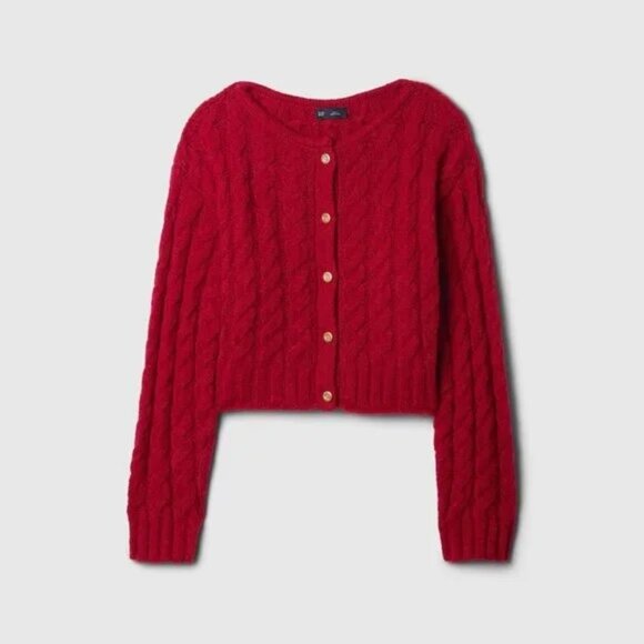 Gap x Cult Gaia Cropped Cable-Knit Cardigan in Sled Red - Picture 1 of 5
